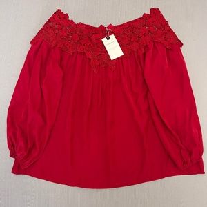 Red Women's long Sleeve Blouse Off-Shoulder Floral Mesh Frill Trim  Size L